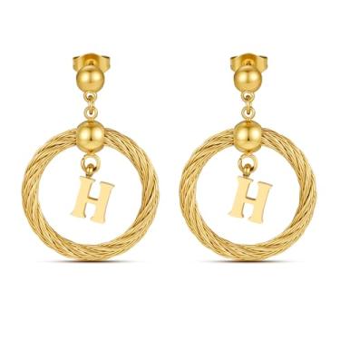 Imagem de Xiacheng Brincos de argola de ouro 18 quilates com inicial de aço inoxidável, hipoalergênicos, presentes modernos para mulheres, declaração delicada, pingente de letra A-Z, joia à prova d'água, Medium