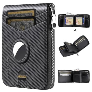 Imagem de Carteira masculina de grandes dimensões com bloqueio de RFID com zíper e 2 janelas para identidade, design de grande capacidade, 13 compartimentos para cartão de crédito, Black Apple Air Tag