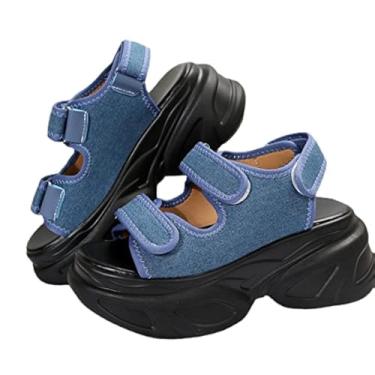 Imagem de KCTRFSJ Sandália esportiva feminina com boca de peixe ajustável, plataforma de anel, plataforma, para o verão, ao ar livre, caminhada, caminhada, praia, casual, bico aberto, sandália atlética, Azul