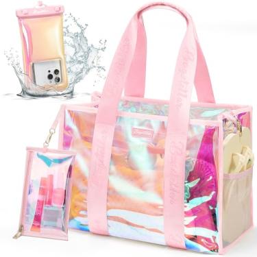 Imagem de Bolsa de praia feminina transparente iridescente com zíper para piscina e praia com bolsa de maquiagem e bolsa de telefone à prova d'água essencial de verão, Pôr-do-sol rosa, One Size