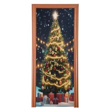 Imagem de Wassud Capa para porta de Natal, decoração de banner, 81 x 199 cm, grande árvore de Natal mágica, capa de porta interna elástica para varanda e porta da frente