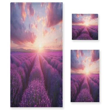 Imagem de xigua Lindo conjunto de toalhas de banheiro de campo de lavanda absorvente macio 3 peças toalha de banho toalha de mão toalhas decorativas para banheiro, academia, hotel, praia, piscina