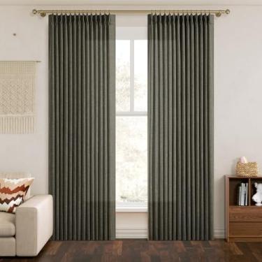 Imagem de Cortinas plissadas de linho verde-oliva 213 cm de comprimento, 2 painéis escurecidos para sala de estar quarto de linho plissados ganchos anéis de abas traseiras filtro de luz Loden musgo verde