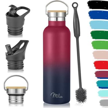 Imagem de Milu Garrafa de bebida de aço inoxidável 500 ml, 750 ml, 1l (+3 tampas) - Garrafa térmica com palha, garrafa de água, para bebidas quentes, frias e gaseificadas (azul baga, 750 ml))
