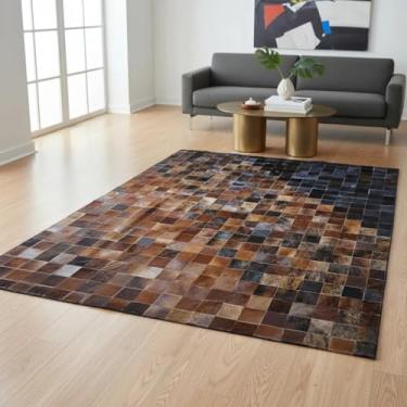 Imagem de Tapete de Couro Natural Premium com Placas Costuradas 10x10cm, Mosaico Multicolorido Marrom e Preto, 2,50 x 2,00m