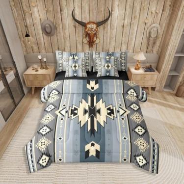 Imagem de Jogo de cama casal com flecha tribal étnica, 7 peças, cama asteca rústica do sudoeste em uma bolsa, conjunto de cama de diamante geométrico, inclui edredom, conjunto de lençol, fronhas e fronhas