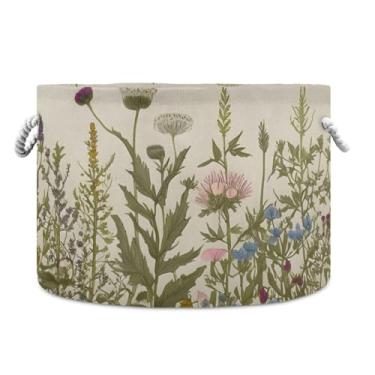 Imagem de JUZIHAI Cesta de armazenamento dobrável de flores silvestres para bebês, cesto de roupa suja, cobertor com alças de corda de algodão, caixa organizadora de armário dobrável para quarto, berçário, casa