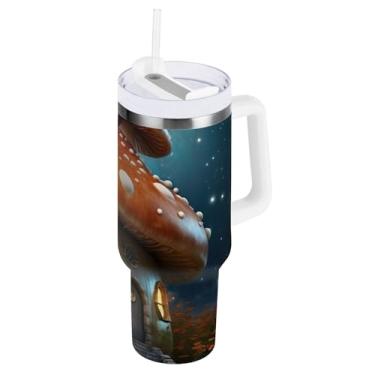 Imagem de ODAWA Copo com isolamento duplo grande com canudo e alça, copo de café de viagem para casa cogumelo