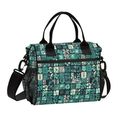 Imagem de ODAWA Lancheira de azulejos floral azul-petróleo grande para trabalho adulto lancheira com suporte de copo para piquenique