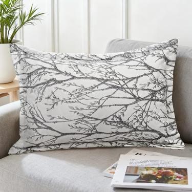 Imagem de DriftAway Capas de almofada acolchoadas com ramo de árvore padrão clássico impresso quadrado decorativo para decoração de casa sofá quarto 18 x 12 polegadas 1 peça cinza