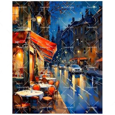 Imagem de Kit de pintura de cena noturna urbana por números para adultos - DIY Paris Street Café e luzes noturnas chuvosas pintura em tela, conjunto de tinta acrílica para iniciantes, arte para decoração de