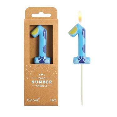 Imagem de PHD CAKE Velas de aniversário de cachorro número 1 de 6 cm, velas azuis com número de cachorro, velas com número de bolo, celebração de festa, vela estilo