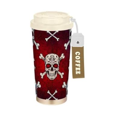 Imagem de TSENQUE Impressão de caveira engraçada, copo de café de 473 ml com canudo e tampa, canecas de café de parede dupla isoladas a vácuo com revestimento cerâmico para escola, escritório, festa