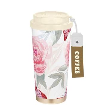 Imagem de TSENQUE Caneca de café de viagem de 473 ml com tampa de canudo e filp, copo de café de viagem de aço inoxidável isolado a vácuo à prova de vazamento, peônias rosa macias borboleta branca
