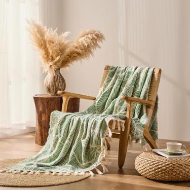 Imagem de DOWN HOME Cobertor de algodão de chenille para sofá, cobertor boho leve para cama, sofá, cadeira, sala de estar, ao ar livre, cobertor decorativo de tecido macio com borla, presente, folhas verdes 127