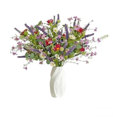 Imagem de beigeok Buquê de flores silvestres artificiais, 4 pacotes de margaridas falsas com hastes falsas de eucalipto, arranjo de lavanda colorido flores silvestres falsas para decoração de casa, ambientes