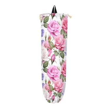 Imagem de Roses rosa aquarela em suporte de sacola de compras branca, bolsa de armazenamento de cozinha, dispensador de sacola de supermercado para sacolas plásticas