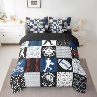 Imagem de Feelyou Jogo de cama solteiro de futebol americano, beisebol, futebol, 7 peças, para crianças, adolescentes, amantes de esportes, presente, basquete, hóquei no gelo, decoração de quarto, azul marinho