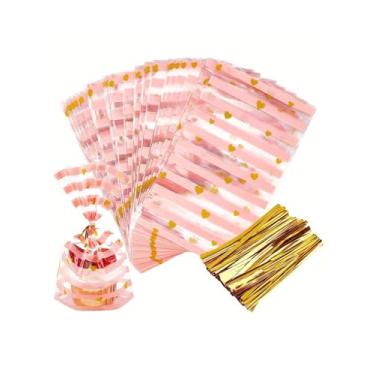 Imagem de 50/50 peças de sacos de papel de vidro coração listrado rosa 21 x 13 cm | Embalagem de doces do dia dos namorados, sacos de biscoito de festa de aniversário, presentes de pipoca de festa de fim de ano