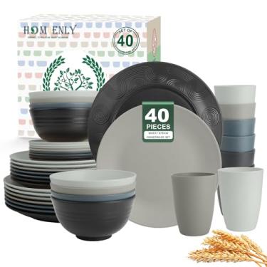 Imagem de Homienly Conjunto premium de 40 peças de louça de palha de trigo - pratos de jantar, tigelas de cereal, conjunto de copos inquebráveis, conjunto de pratos seguros para micro-ondas e lava-louças