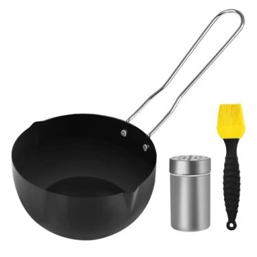 Imagem de PAXLINSEN Frigideira Tadka com pincel de óleo e pote de temperos, frigideira preta com alça, frigideira antiaderente para temperos