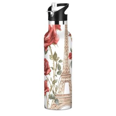 Imagem de Joisal Garrafas de água isoladas de aço inoxidável de 590 ml com tampa de canudo Torre vintage rosa vermelha garrafa de água para meninos meninas crianças copos de viagem livre de BPA aspirador de