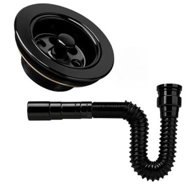 Imagem de Kit Válvula Americana Para Pia Cuba Cozinha 3.1/2" Com Sifão Sanfonado Preto - Plástico(Kit completo)