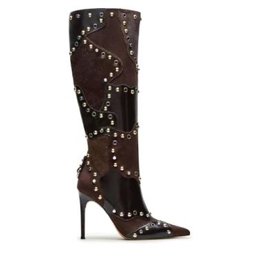 Imagem de DOEYG Botas de cano alto femininas com estampa animal vaca marrom bico fino salto agulha elegante moda bota alta com zíper lateral, Marrom cravejado, 40