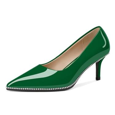 Imagem de Younton Sapato feminino de salto agulha médio salto baixo gatinho fechado bico fino sapato sem cadarço contas feminino trabalho escritório sapatos sociais 6 cm, Verde envernizado, 39
