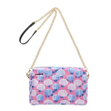 Imagem de Joitme Bolsa tiracolo feminina azul e branca de hortênsias rosa com alça de corrente de couro PU bolsa de ombro para celular fofa