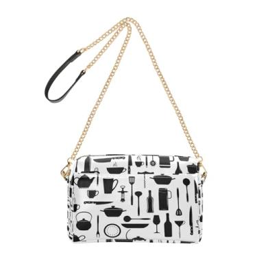 Imagem de Joitme Bolsa feminina tiracolo bolsa de telefone linda bolsa de ombro de couro PU com alça de corrente utensílios de cozinha branca preta