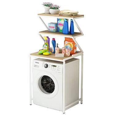 Imagem de Prateleira para máquina de lavar roupa de 3 camadas, prateleira organizadora de banheiro, rack de armazenamento de banheiro, economiza espaço, branca, natural, para lavanderia, sala de estar. (Natural