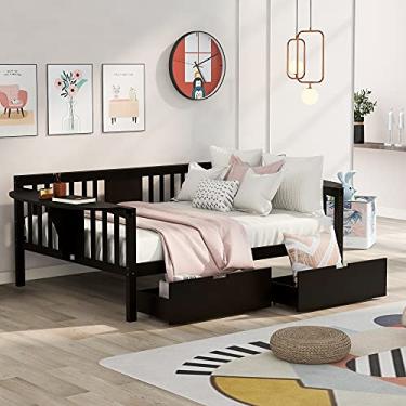 Imagem de Sofá-cama Luxuosa Sofá-cama 2 mesas pequenas e 8 suportes de madeira, sem necessidade de mola box para quarto de adultos (branco, casal) (café expresso com duas gavetas completas)