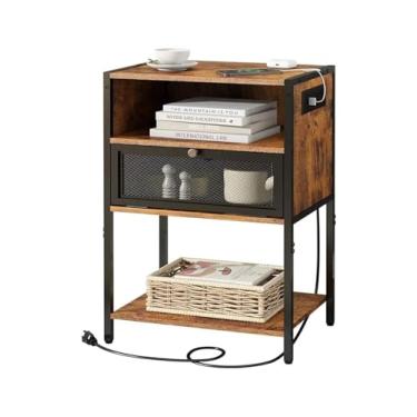 Imagem de Mesa de cabeceira com estação de carregamento, mesas de cabeceira com espaço de armazenamento e porta de 3 camadas, mesas de canto com portas USB e gaveta de cabeceira armário de cabeceira (cor: 01