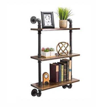 Imagem de Prateleiras de tubos industriais com madeira, 3 camadas, prateleira rústica para montagem na parede, suporte suspenso de metal, estante de livros, prateleiras flutuantes, prateleiras flutuantes