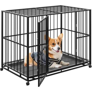 Imagem de Caixa para cães de 91 cm para cães pequenos, canil de aço inoxidável para uso interno, gaiola para cães à prova de fuga com rodas e bandeja removível, caixa empilhável indestrutível extra pequena para
