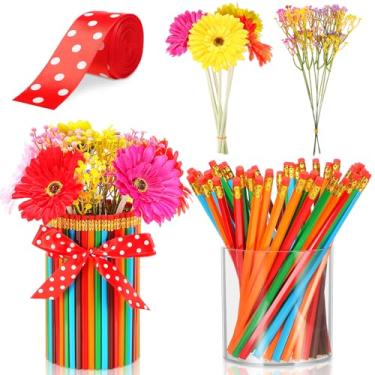 Imagem de Honeydak Arranjo de flores para professores, presente de volta às aulas para professores, sala de aula, inclui suporte de caneta de acrílico, pacote com 50 lápis, 6 girassóis artificiais, 8 Gypsophila