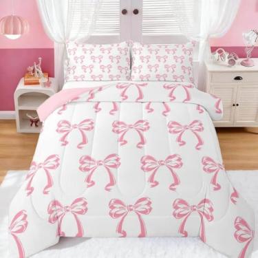 Imagem de jejeloiu Jogo de cama solteiro com laço e laço de seda, para crianças, meninos, meninas, princesa, gravata borboleta, edredom kawaii, sonhador, decoração de quarto, rosa e branco, 2 peças com 1 fronha