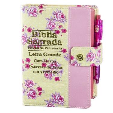 Imagem de Biblia Letra Grande C/harpa E Botão - Floral E Rosa - REI DAS BIBLIAS