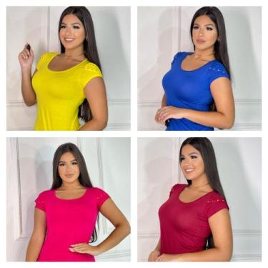 Imagem de kit 4 Blusas feminina básica t-shirt detalhe na manga - GK Toda Bela, 