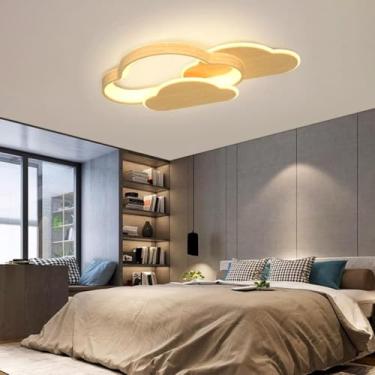 Imagem de Luminária de teto moderna em formato de nuvem, feita de madeira, para quarto infantil, 48W, com controle remoto, LED, lustre para ambientes internos, sala de estar, escritório, cozinha ou il