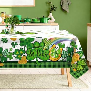 Imagem de Arquiel Toalha de mesa retangular para o dia de São Patrício, lavável na máquina, trevo, 264 x 152 cm, capa de mesa de trevo de poliéster para cozinha, jantar e decoração ao ar livre
