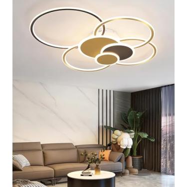 Imagem de Luminária de teto moderna para sala de estar, com iluminação interna e externa, LED dourado, grande, dimerizável, com controle remoto, ideal para quarto, hall de entrada (dourada, 100 cm).
