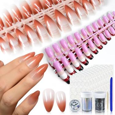 Imagem de 10 unidades de unhas de pressão, unhas postiças vermelhas brilhantes e roxas, unhas postiças francesas com gradiente laranja para salão de beleza, presentes diários de unhas para mulheres e meninas