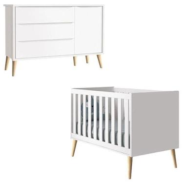 Imagem de Berço Americano e Cômoda com Porta Infantil Theo Branco Acetinado Pés 