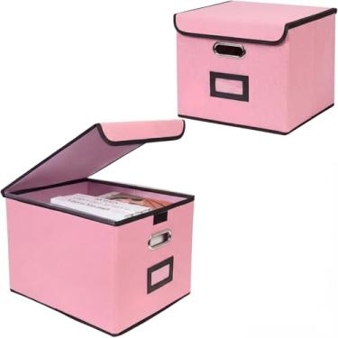 Imagem de Tcbelosion Caixa de armazenamento de arquivos com tampa, 39 x 32 x 26 cm, organizador dobrável de grande capacidade com alça, perfeito para casa, escritório e organização de armário (2 pacotes, rosa)