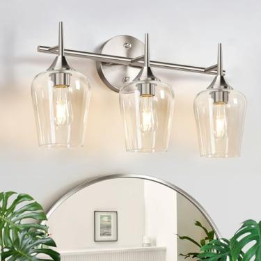 Imagem de Luminárias de banheiro com 3 luzes, luzes de banheiro escovadas de 49,5 cm para banheiro com vidro transparente, luminárias de banheiro sobre espelho, lâmpada de parede moderna para corredor de