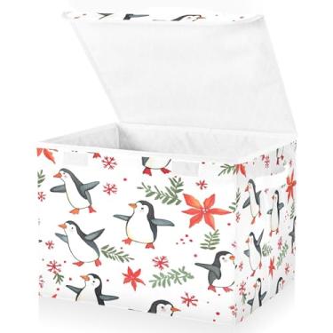 Imagem de Blueangle Cestos de armazenamento de pinguins de Natal com tampas, 42 x 32 x 30 cm, grande cesta organizadora dobrável para decoração de escritório e armário (81)