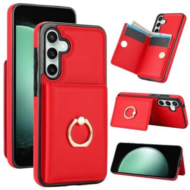 Imagem de Capa carteira para Samsung Galaxy S25 FE de 6,7 polegadas com suporte para cartão, capa de couro com bloqueio RFID, suporte de anel giratório de 360° com fecho magnético à prova de choque (vermelha)