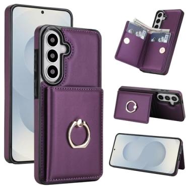 Imagem de Capa carteira para Samsung Galaxy S26 Plus com suporte para cartão, bloqueio RFID, suporte de anel giratório de 360° com fecho magnético à prova de choque (roxo escuro)